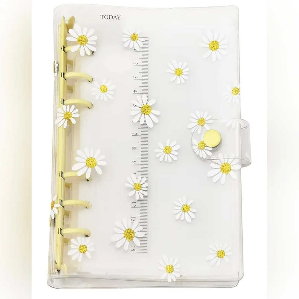 NWOT Pvc Personal Organizer 6 Ring Binder Snap Closure Clear Daisy Print